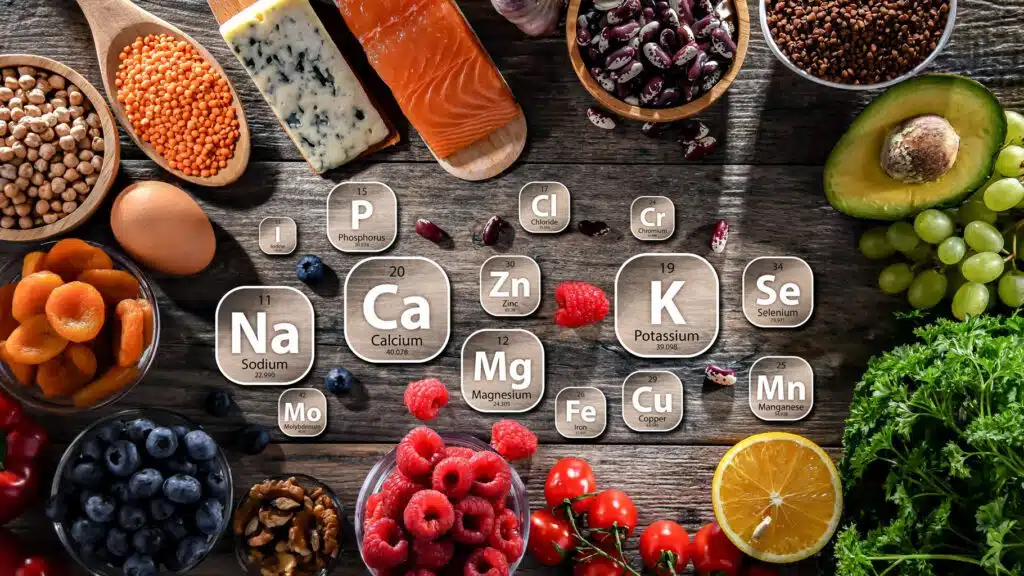 Assorted foods rich in minerals with periodic table elements