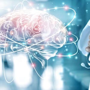 Doctor holding stethoscope with digital brain hologram