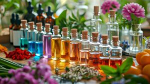 Colourful essential oils and flowers for aromatherapy