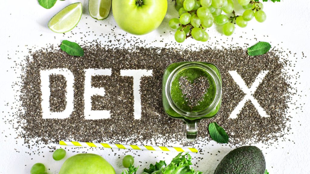 Detox concept with chia seeds, green fruits, and vegetables