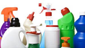 Various colourful household cleaning product bottles