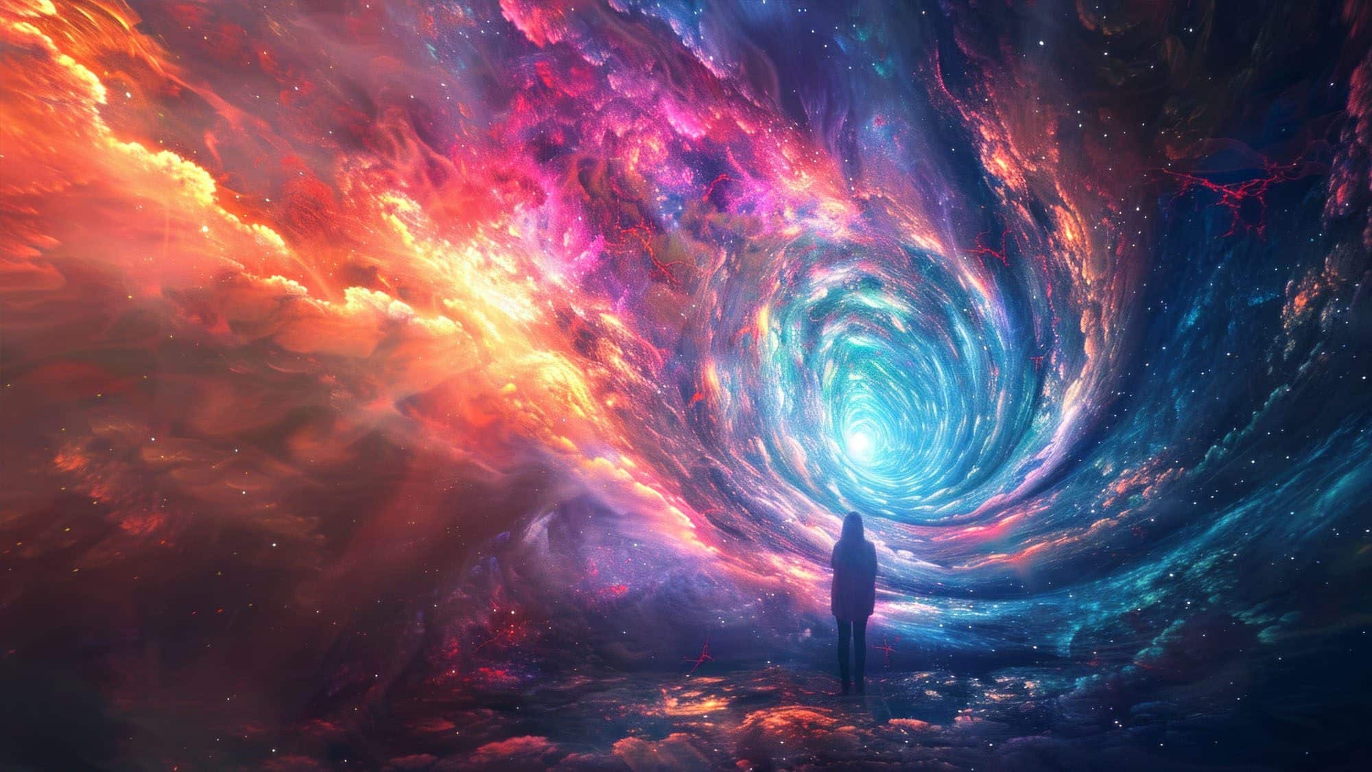 Person standing before vibrant cosmic vortex in a colourful nebula