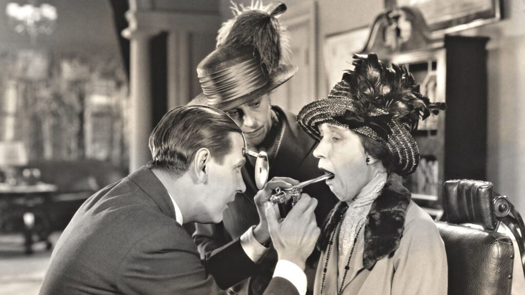 Vintage dental examination in 1930s setting