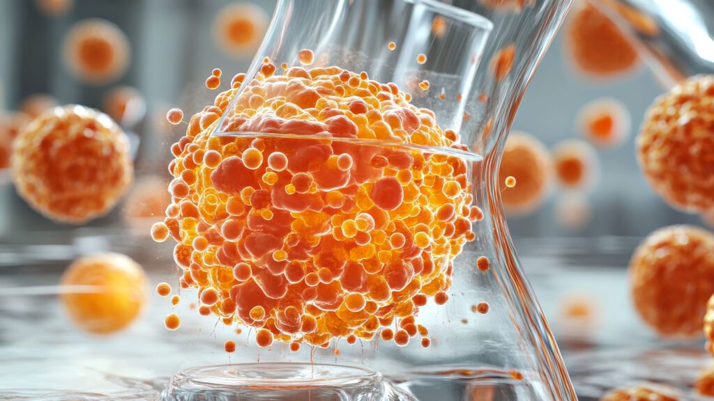 3D rendering of orange cells in a laboratory flask