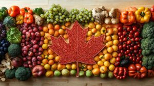 Colourful Canadian maple leaf made of fresh fruits and vegetables