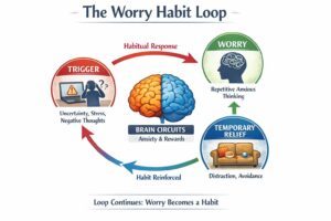 Diagram illustrating the worry habit loop with brain circuits and stress triggers