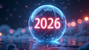 Glowing 2026 inside a crystal ball amidst sparkling lights