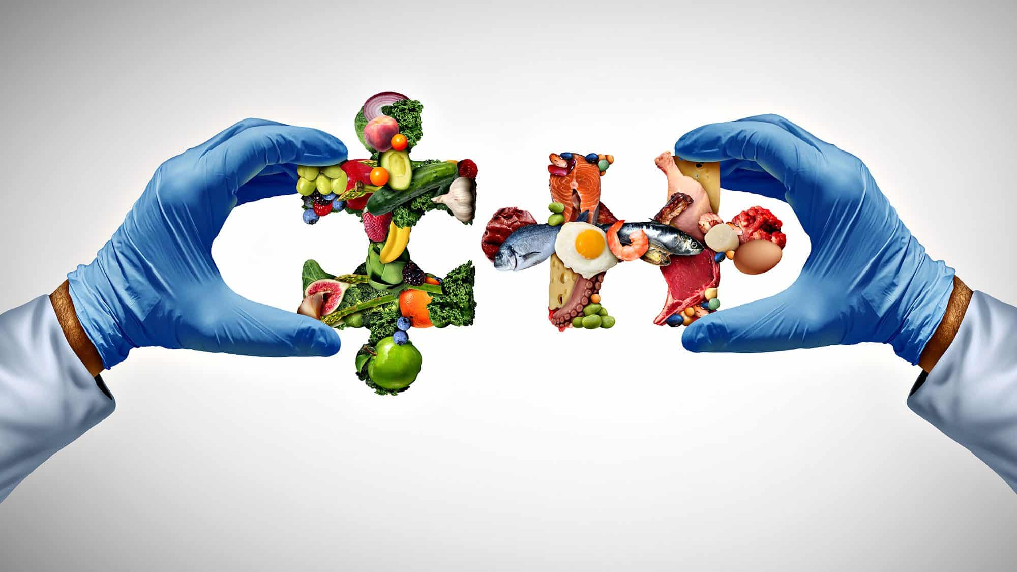 Hands in gloves holding puzzle pieces with healthy and unhealthy foods