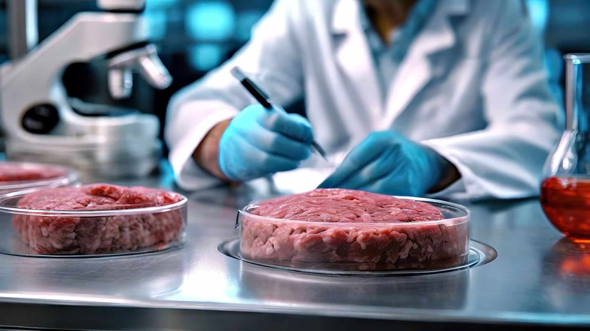 Scientist examining lab-grown meat in a research facility