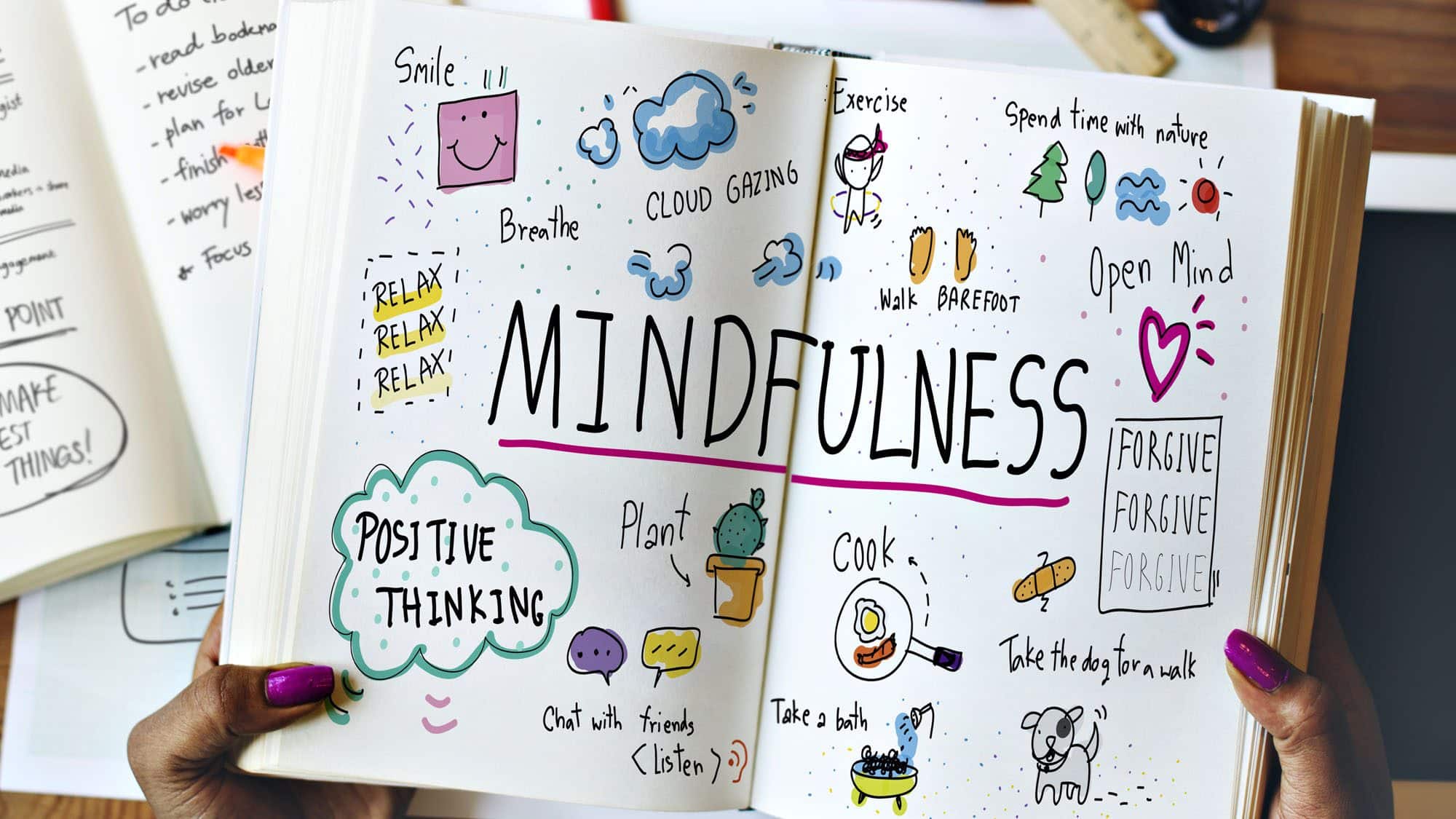 Mindfulness diagram with positive thinking and relaxation tips