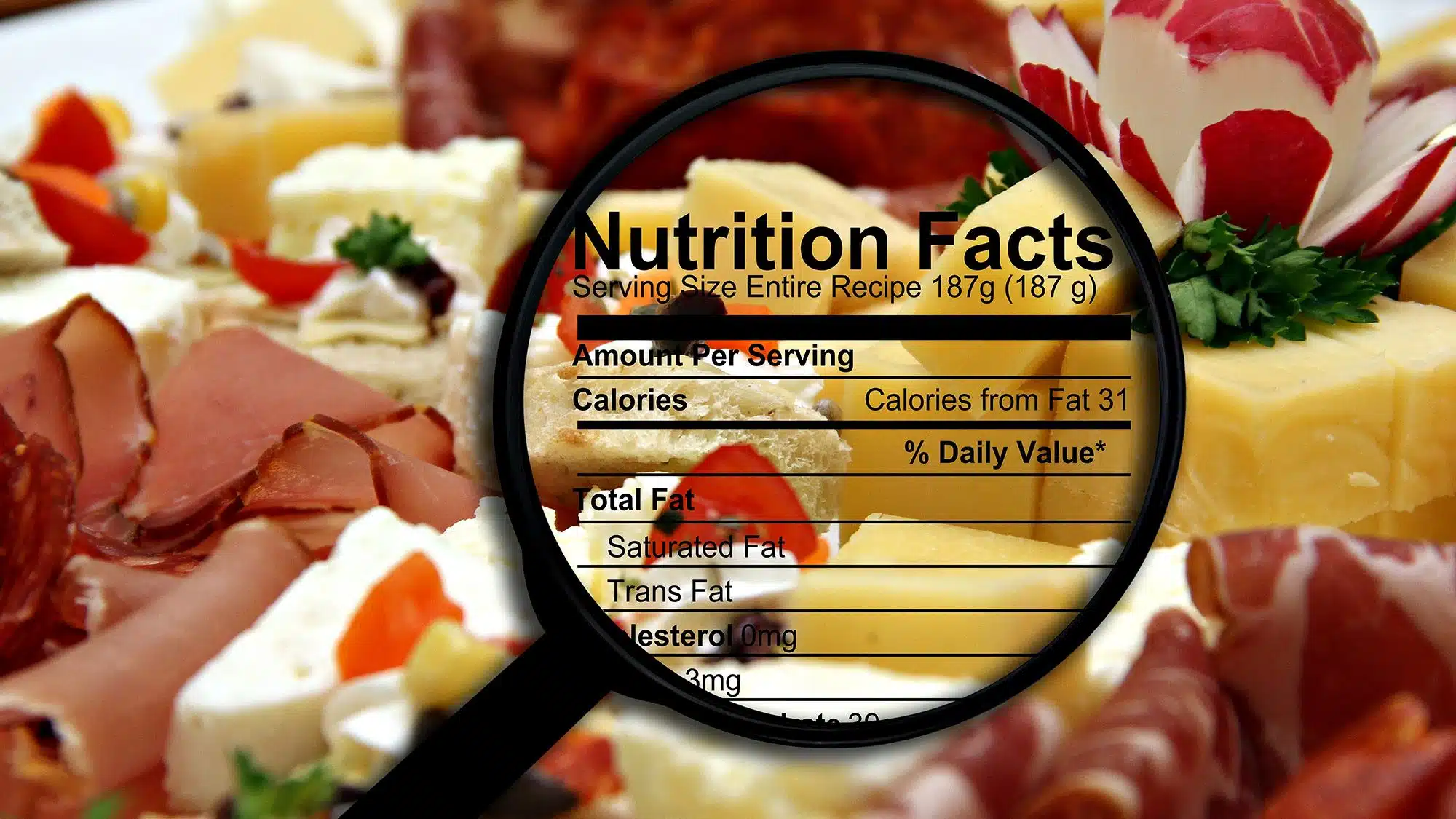 Magnified nutrition facts over assorted cheese and meats platter
