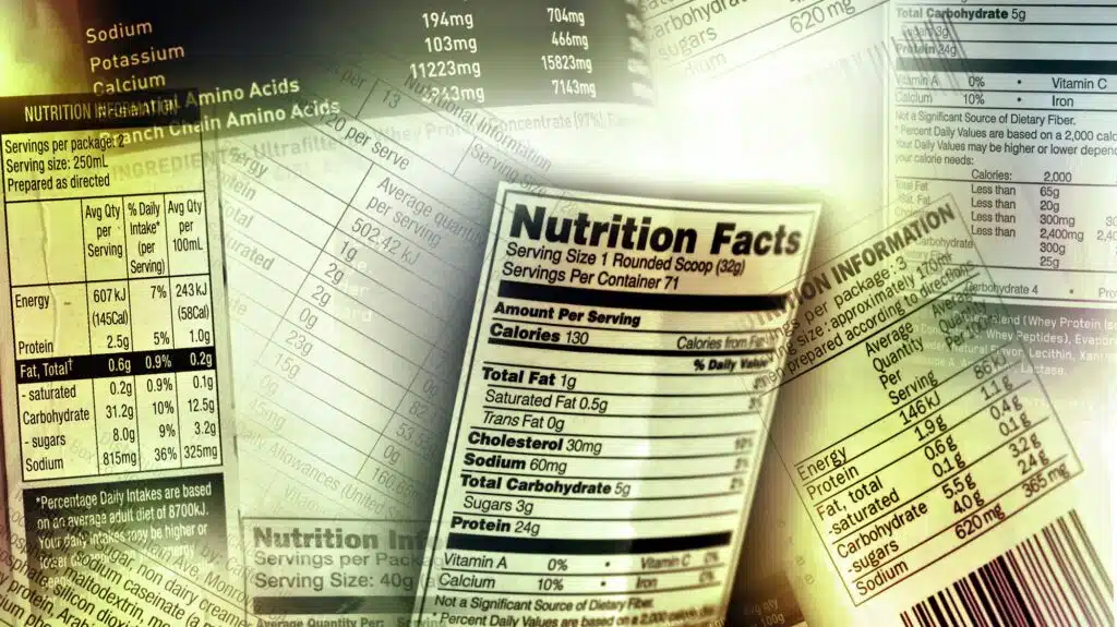 Multiple nutrition facts labels showcasing various food values and ingredients