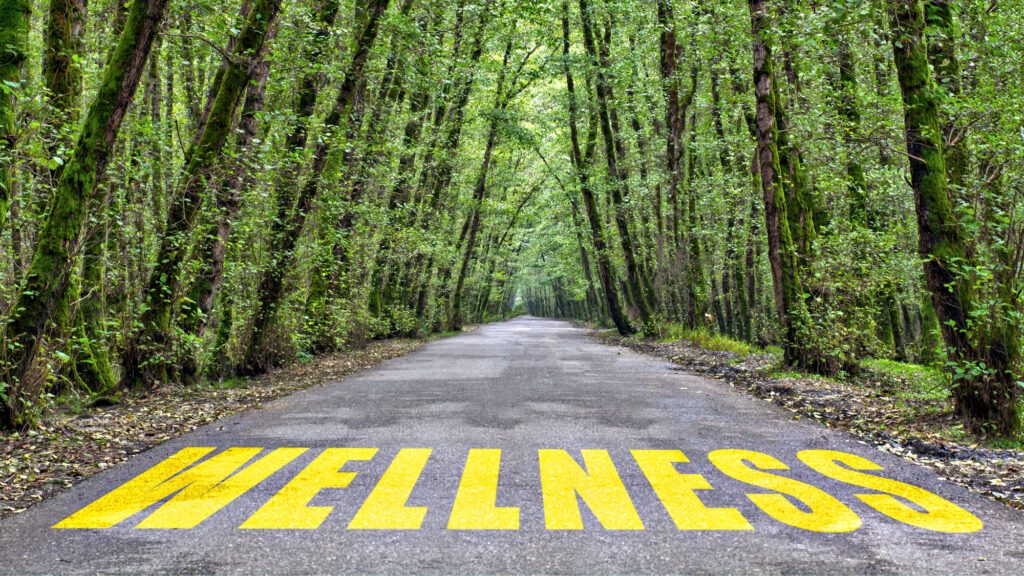 Forest trail with 'WELLNESS' painted on the path